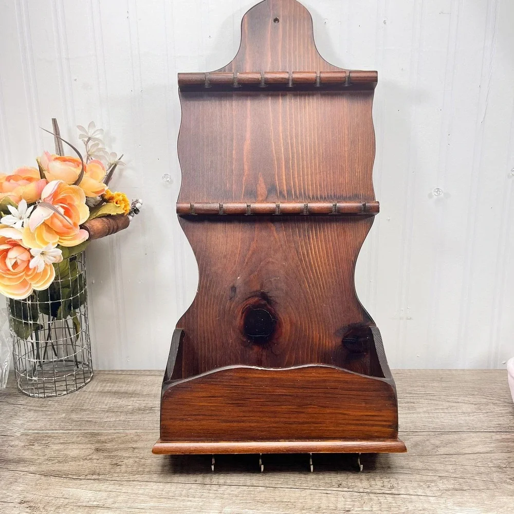Vintage Wood Spoon Rack - 12 Spoon Display with Pocket‎ Shelf